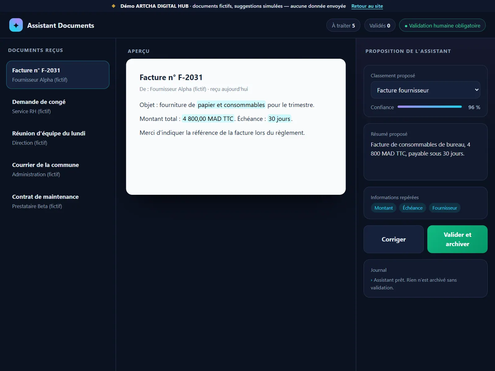 Demo screenshot: document filing assistant with human validation