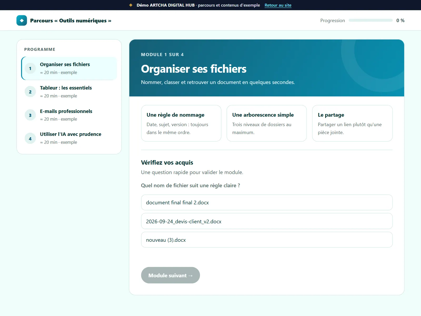 Capture de la démo : parcours de formation en ligne avec modules et quiz