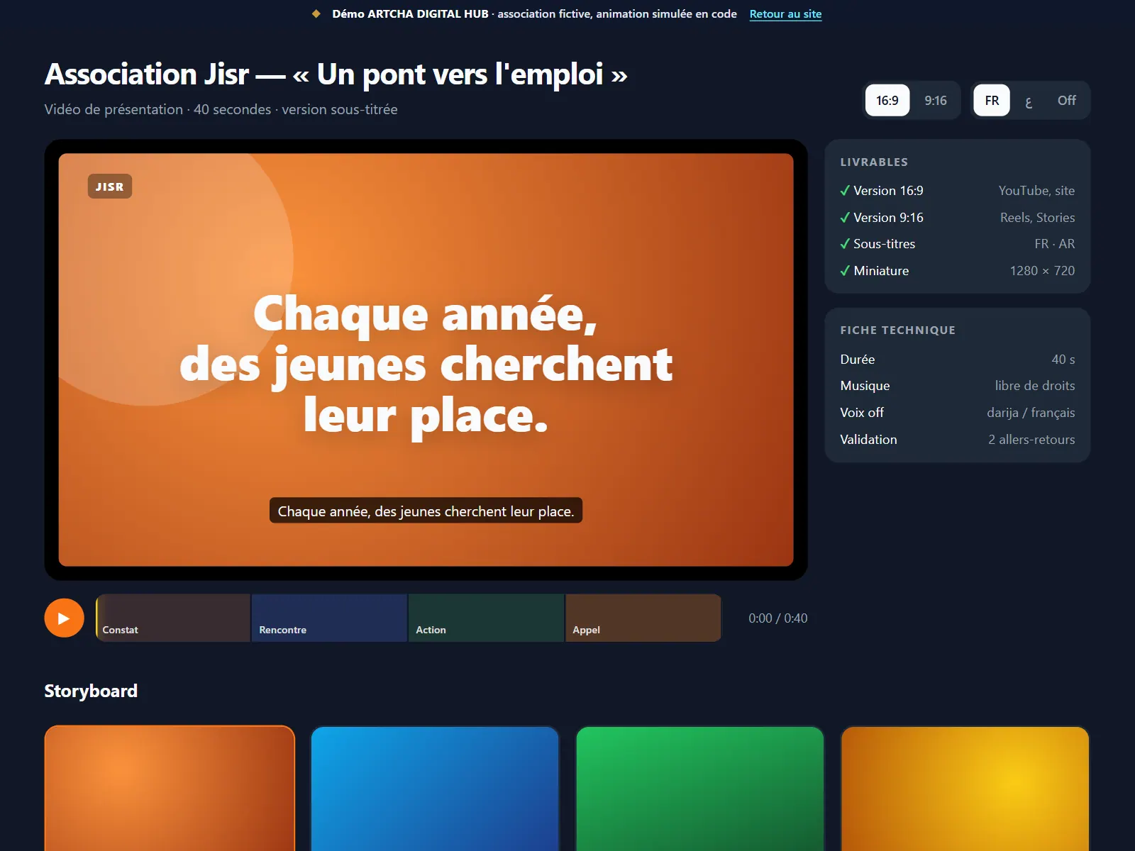 Capture de la démo : lecteur vidéo, storyboard et sous-titres d'une association fictive