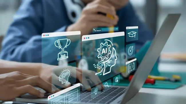 Illustration: hands on a laptop keyboard with icons around artificial intelligence