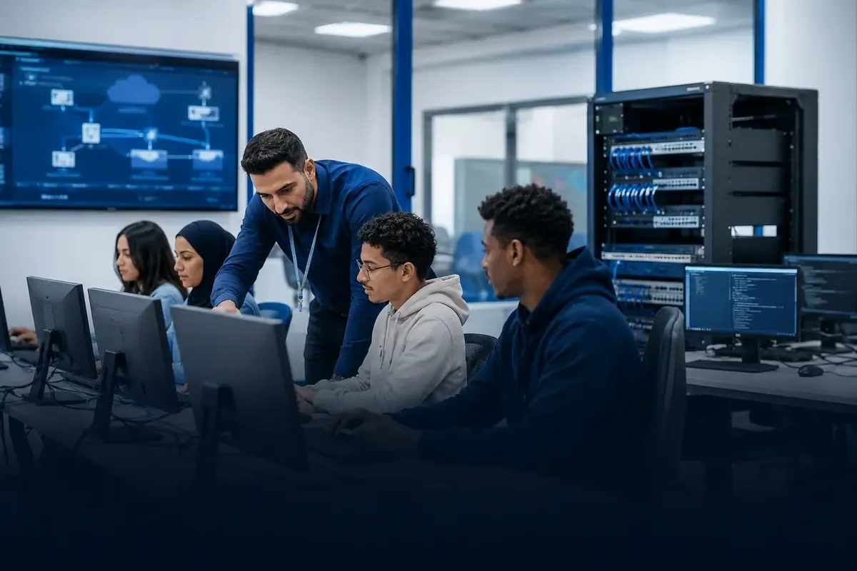 A trainer supports trainees at computers in an IT training room