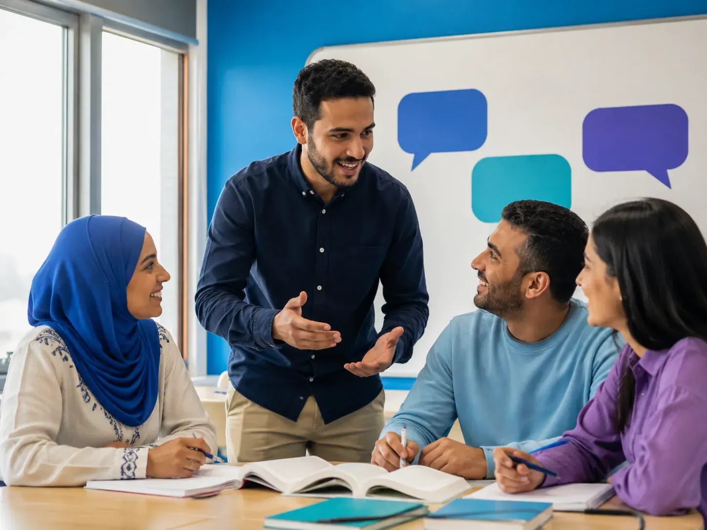 A team talks around a table, with colourful speech bubbles on the wall