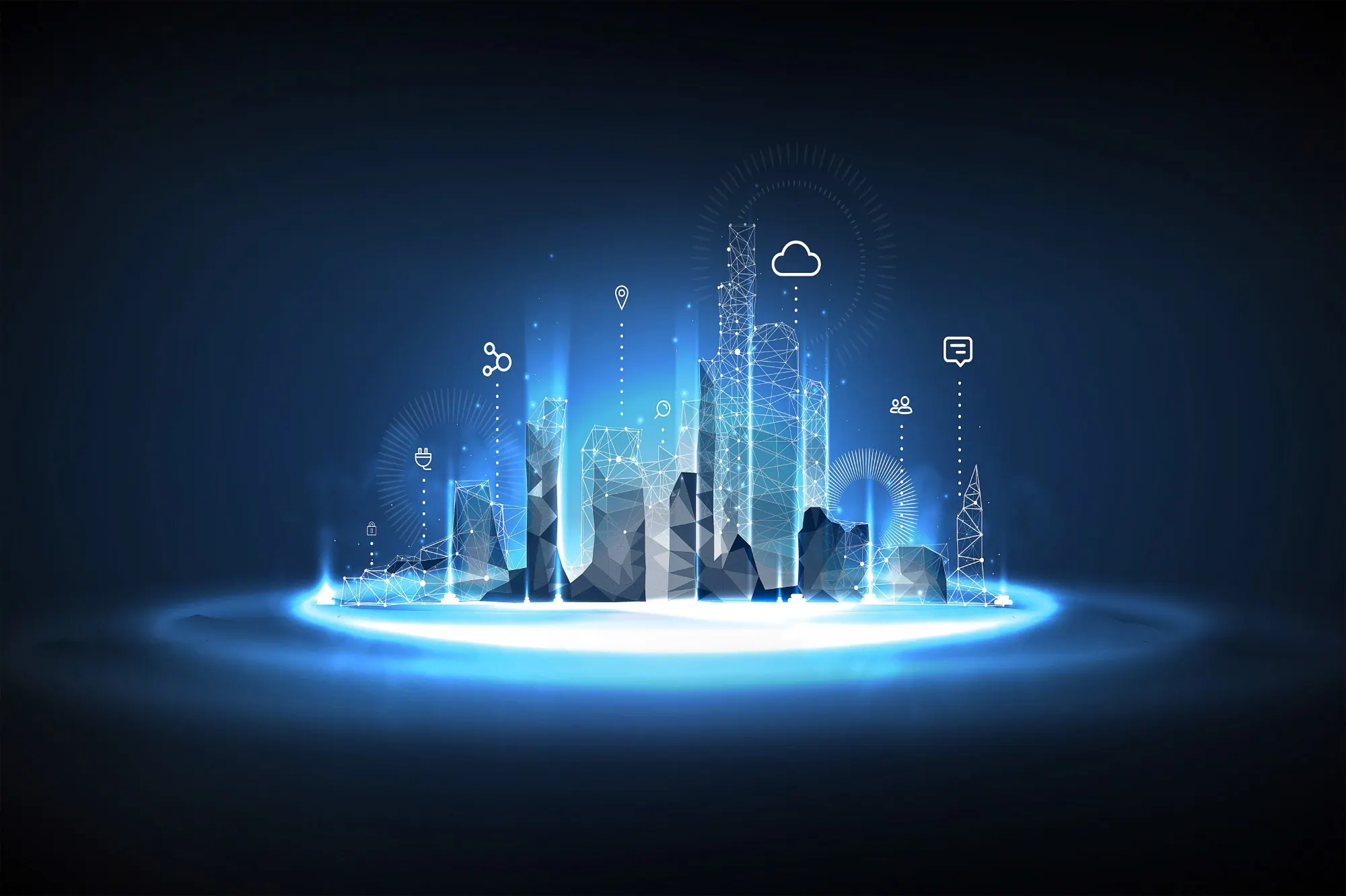 Ville numérique en réseau, avec icônes de cloud, de localisation et de messagerie