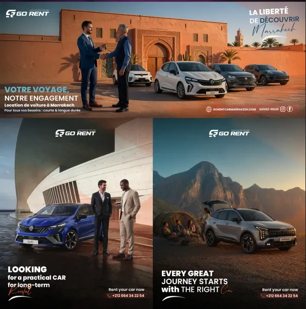Trois affiches de location de voitures : poignée de main devant des voitures à Marrakech, couple d'hommes devant un bâtiment moderne, SUV en montagne