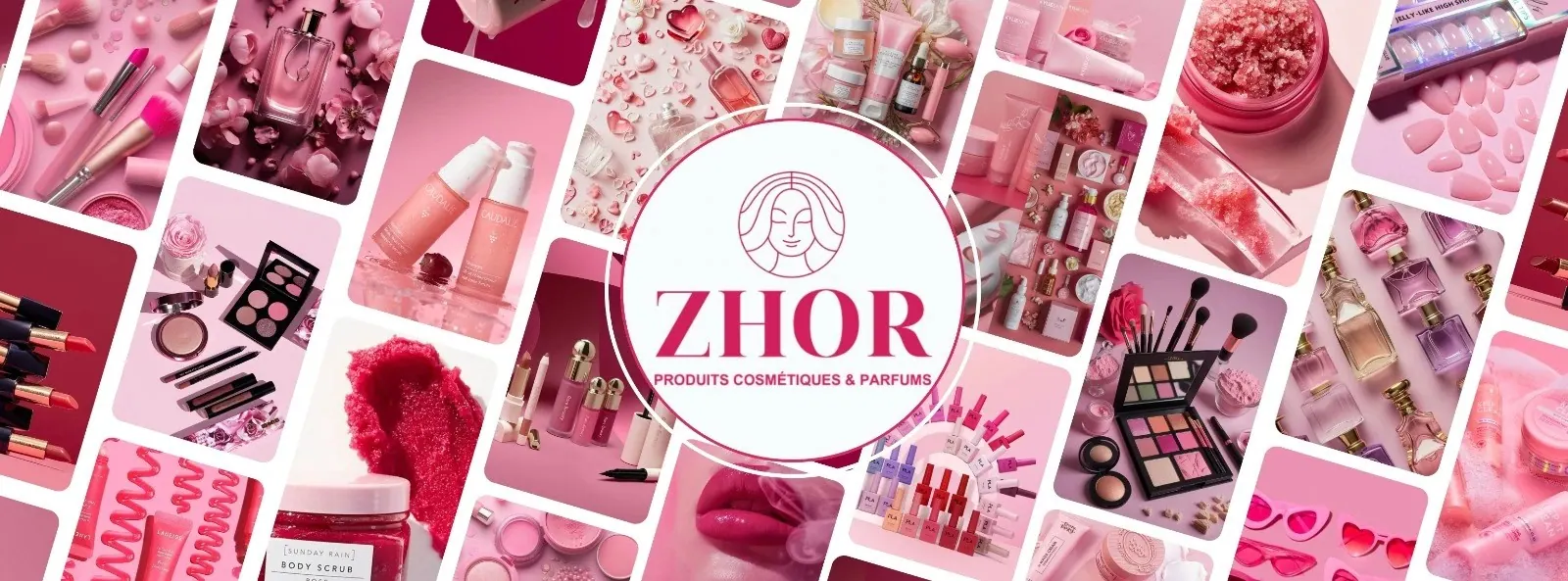 Bannière des réseaux sociaux : logo de la boutique au centre d'une mosaïque de produits de beauté roses