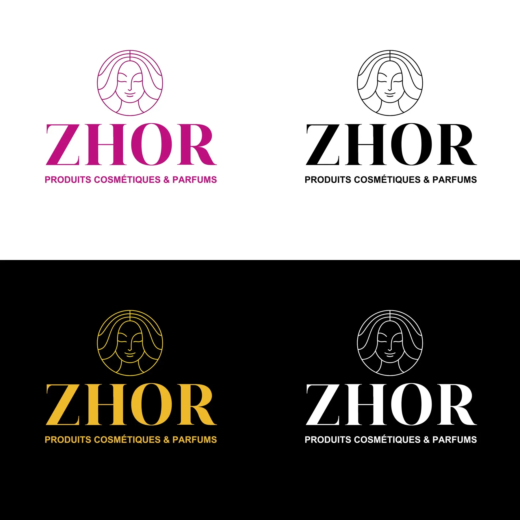 Le logo en quatre versions : magenta, noir, or sur fond noir et blanc sur fond noir