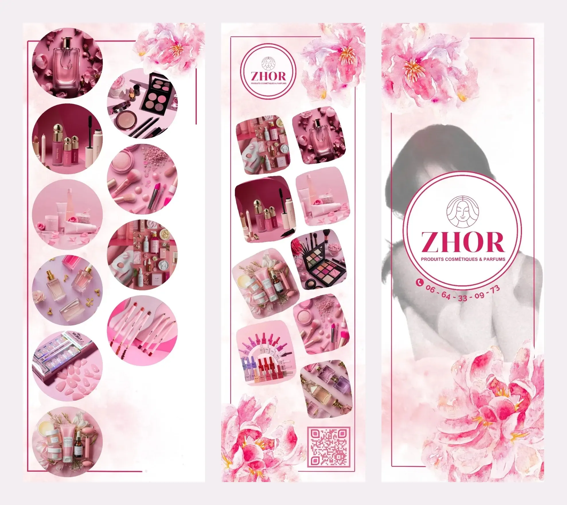 Trois adhésifs verticaux pour la vitrine : produits de beauté, fleurs aquarelle et logo