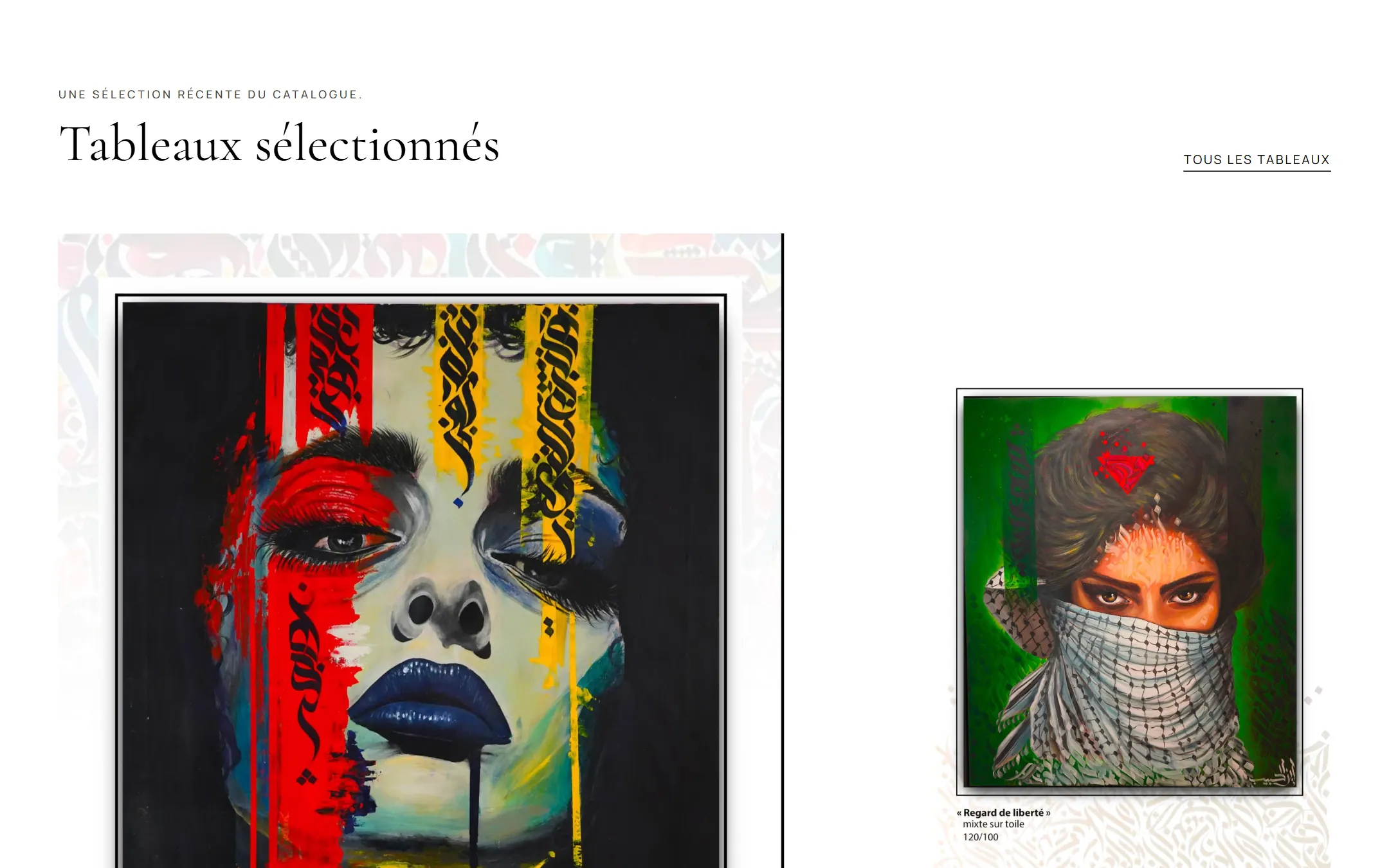 Section « Tableaux sélectionnés » avec les œuvres de l'artiste